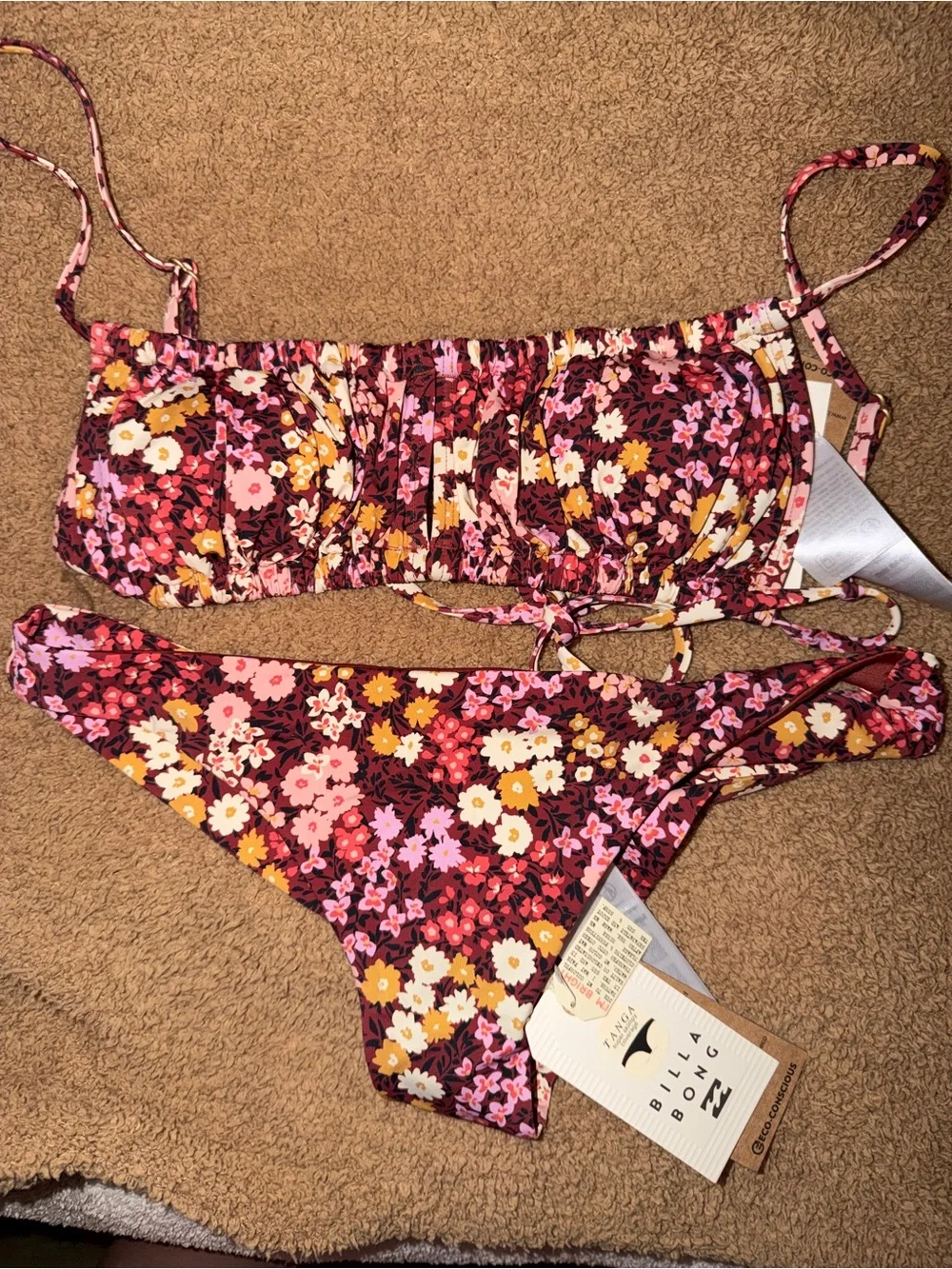 Billabong Burgundy Floral Bandeau Bikini Set with Pink & Yellow Flowers